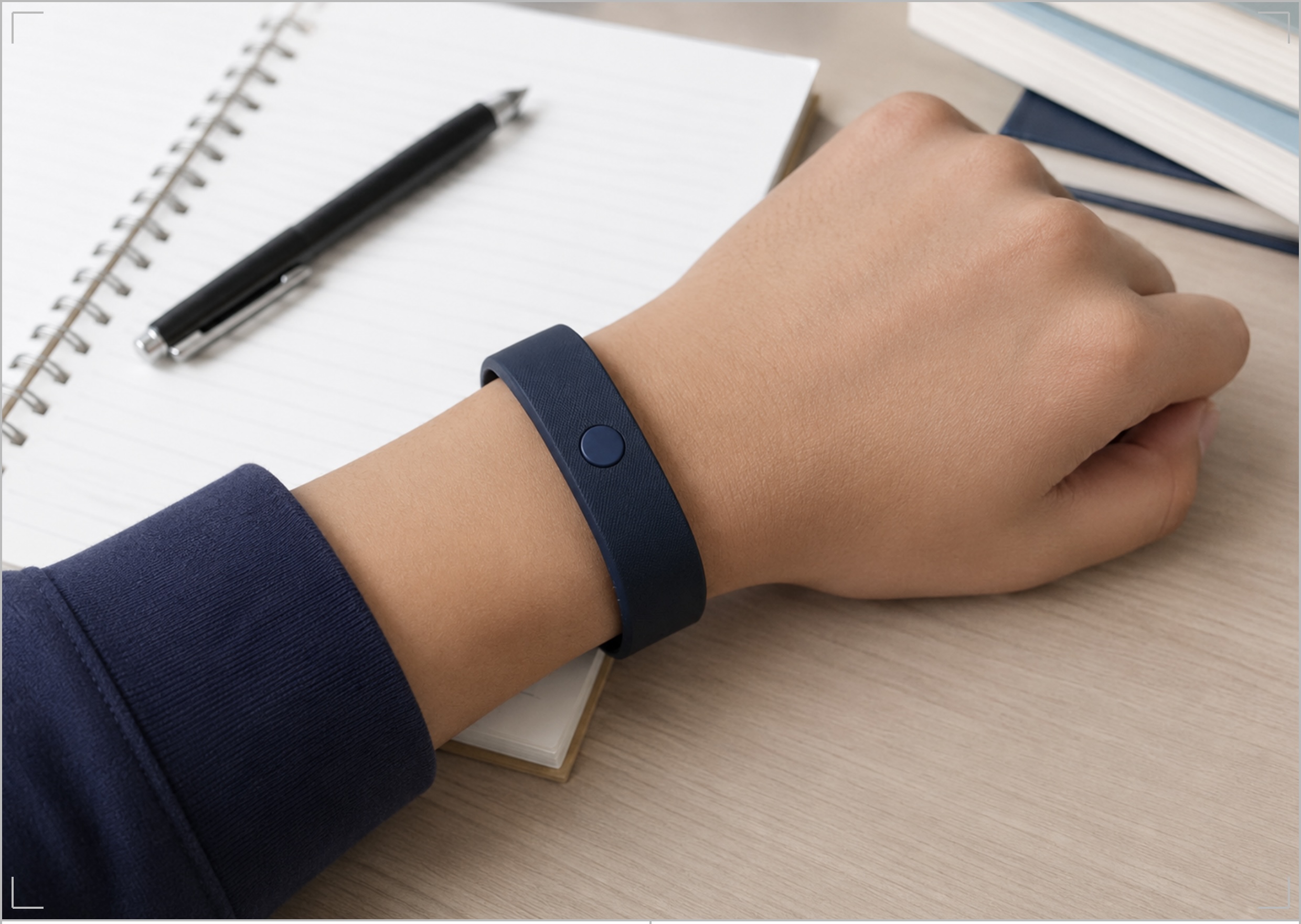 The Rawen band on a wrist at a study desk